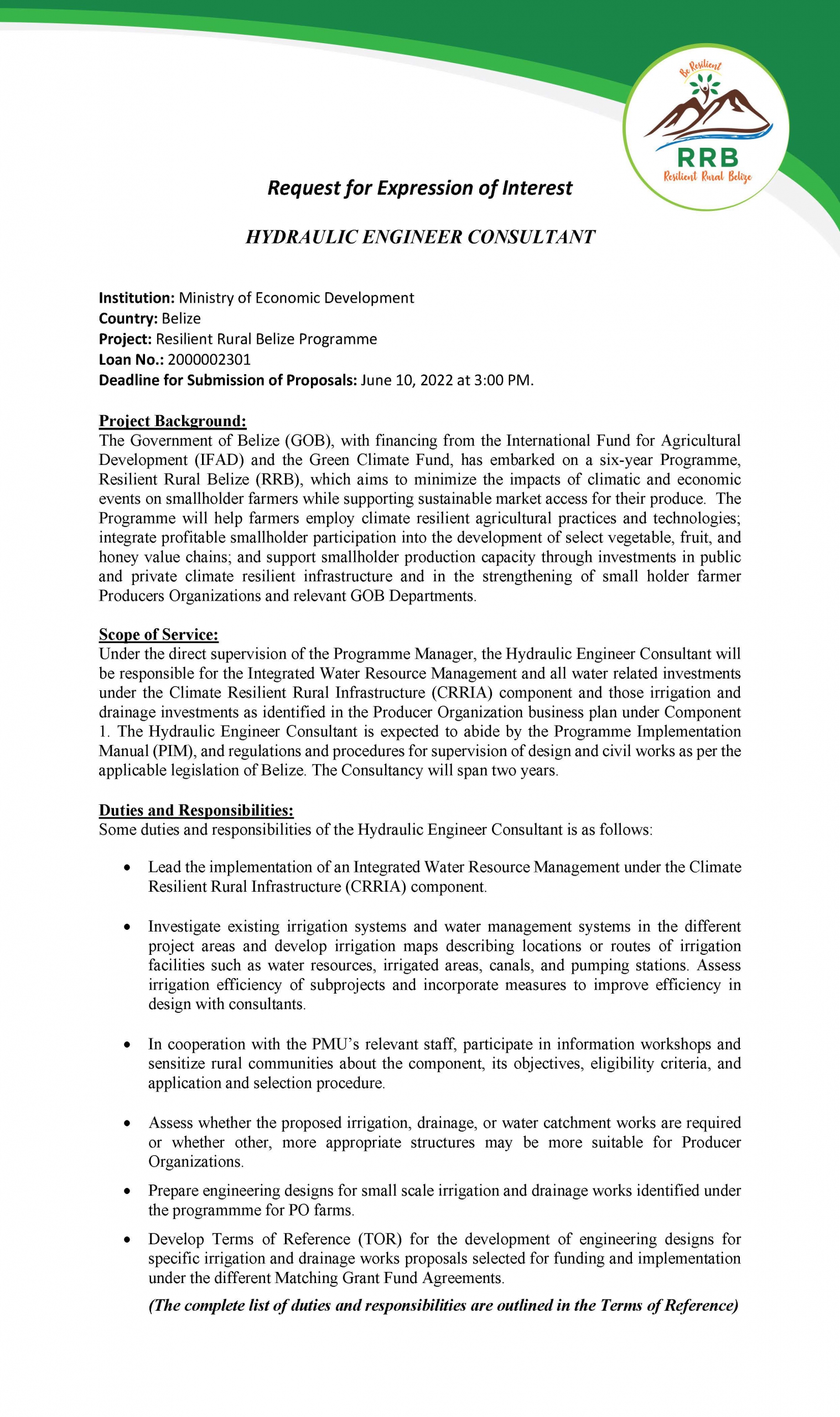 Request for Expression of Interest – HYDRAULIC ENGINEER CONSULTANT ...